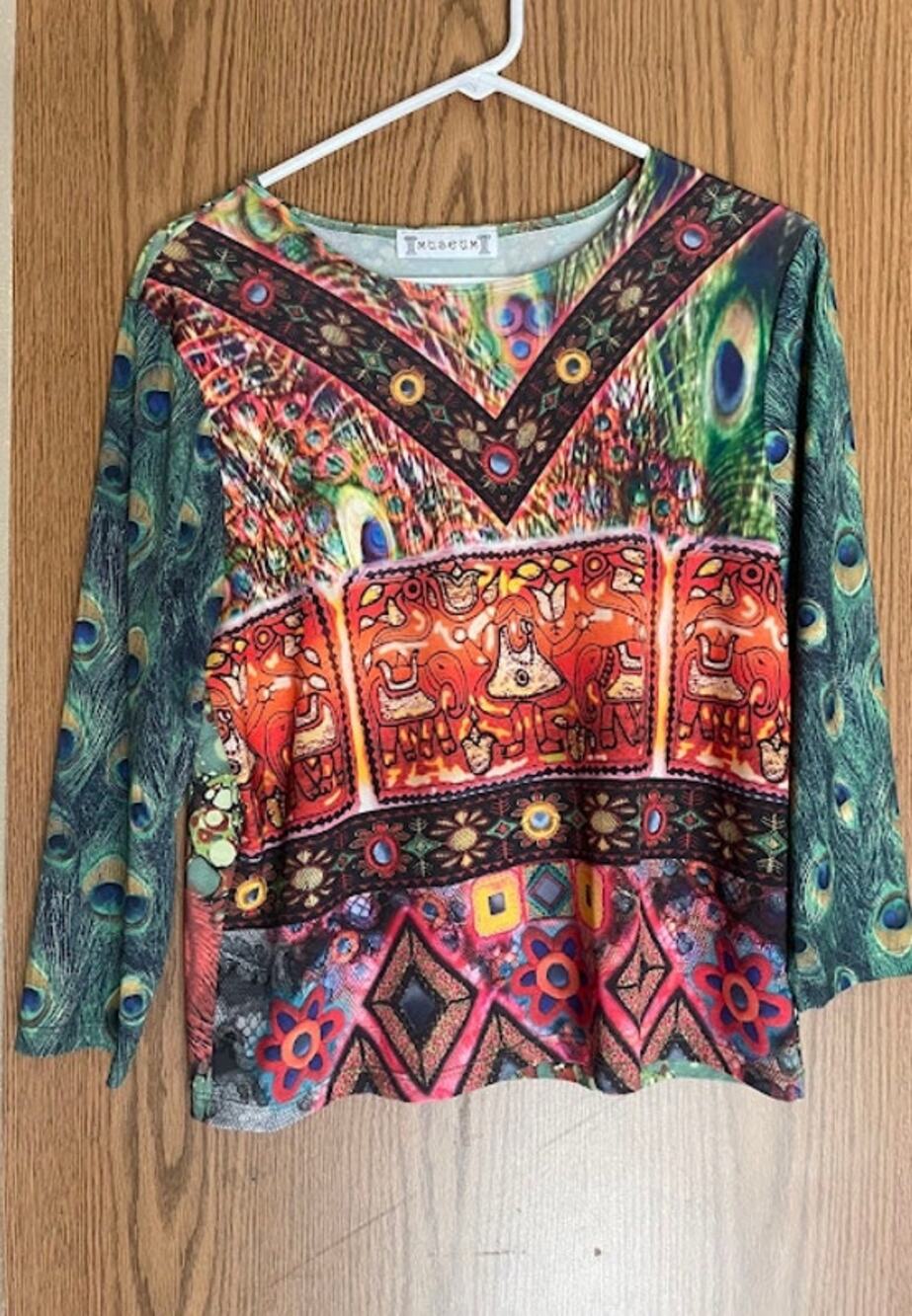 The Museum Store Peacock Feather Marbled Cowl Faux Wrap Top 3/4 Sleeve